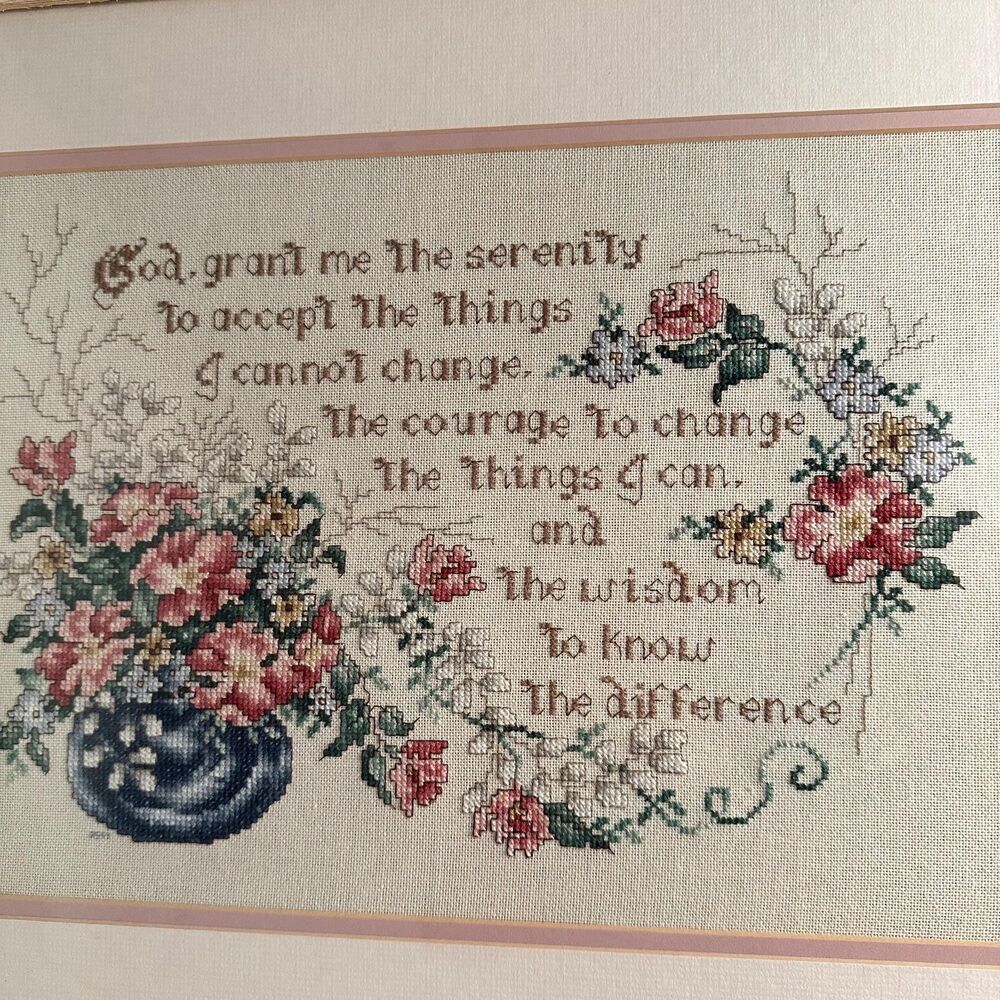 Vintage Framed Serenity Prayer Cross Stitch Completed Floral Sampler 21.5"x16.5"
